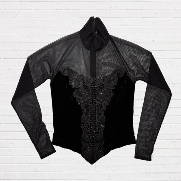 CACHE Vintage Y2K Feminine Black Sheer Mesh Velvet Lace Mock Neck Top Blouse S - Picture 2 of 13